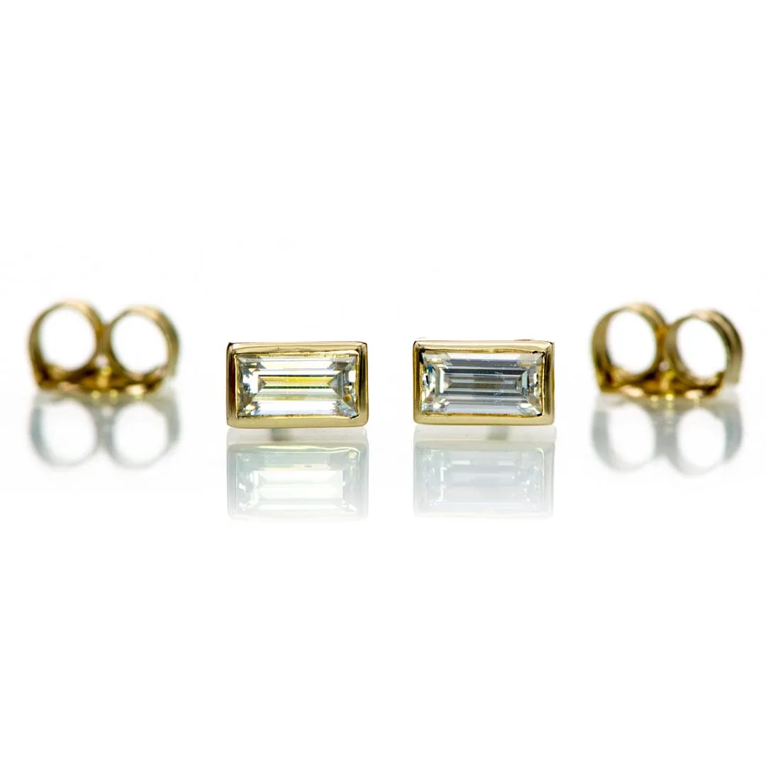 Simple 14k Yellow Gold Bezel Set Step-cut Baguette Moissanite Stud Earrings, Ready to Ship