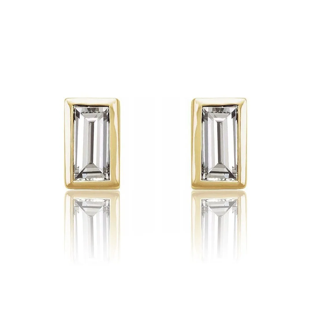 Simple 14k Yellow Gold Bezel Set Step-cut Baguette Moissanite Stud Earrings, Ready to Ship