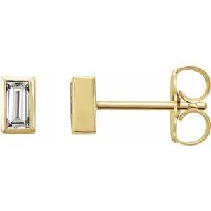 Simple 14k Yellow Gold Bezel Set Step-cut Baguette Moissanite Stud Earrings, Ready to Ship