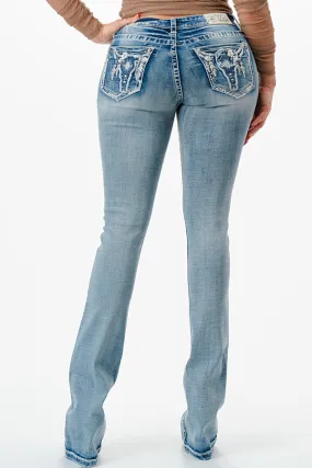 Mid Rise Bootcut Jeans with Steer Head Embellishment