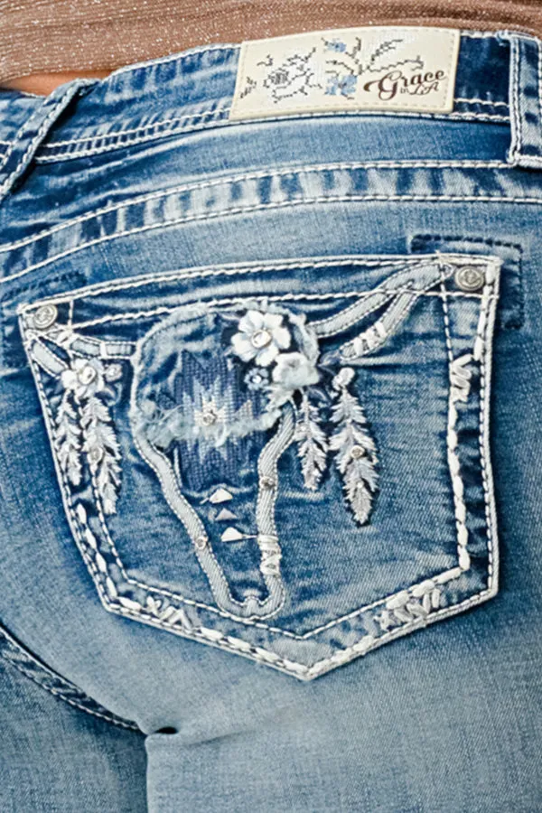 Mid Rise Bootcut Jeans with Steer Head Embellishment