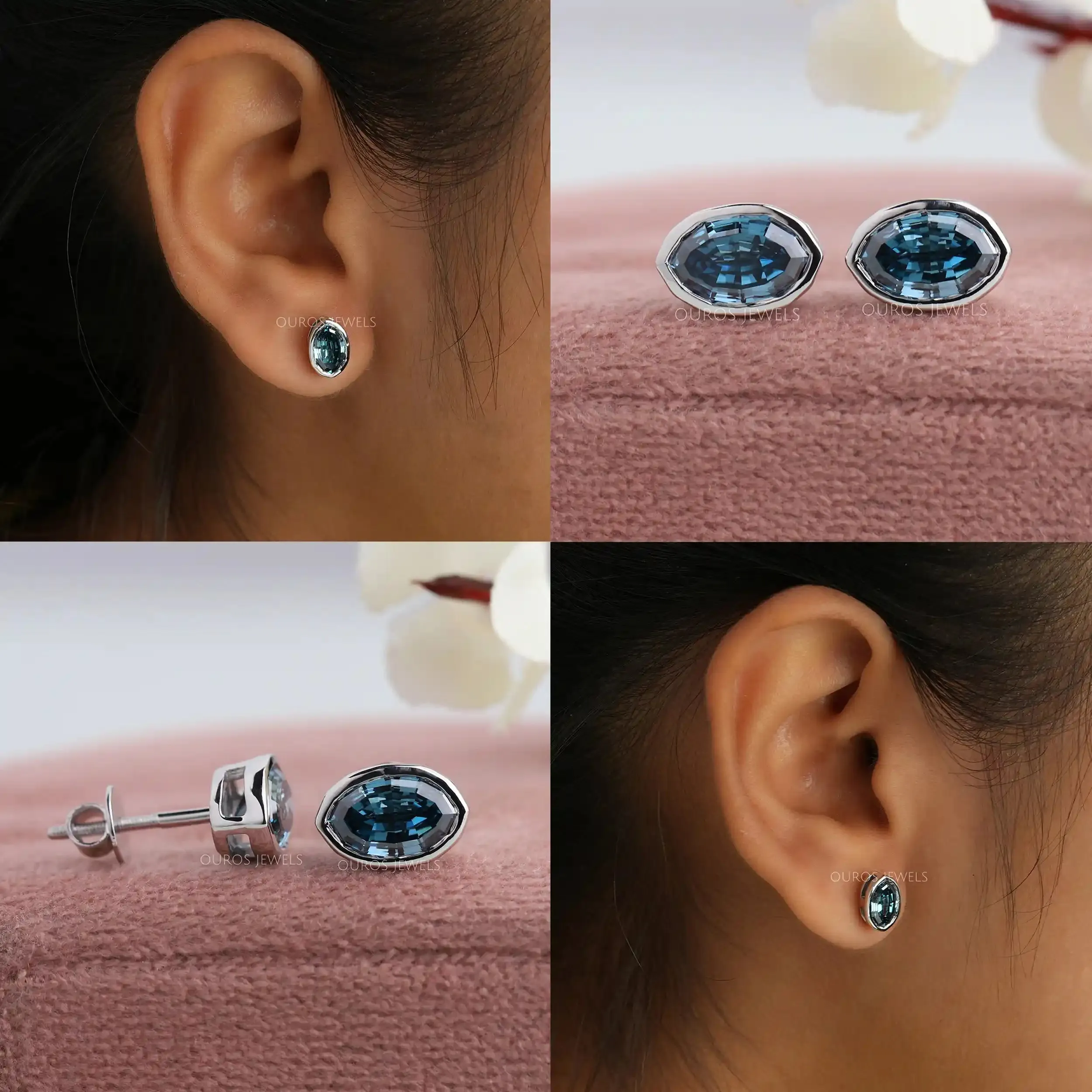 Step Cut Blue Oval Diamond Bezel Set Stud Earrings