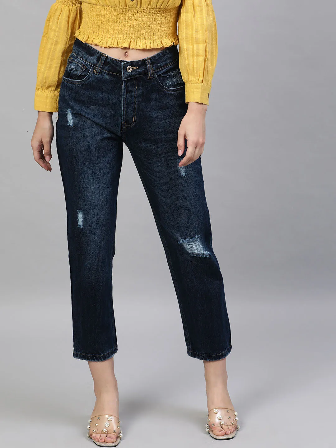 Straight Fit Mid-Rise Distressed Jeans