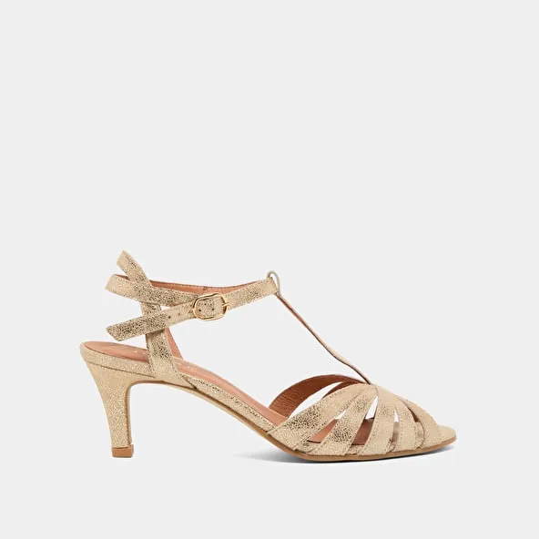 Strappy t-bar heels in platinum laminated suede