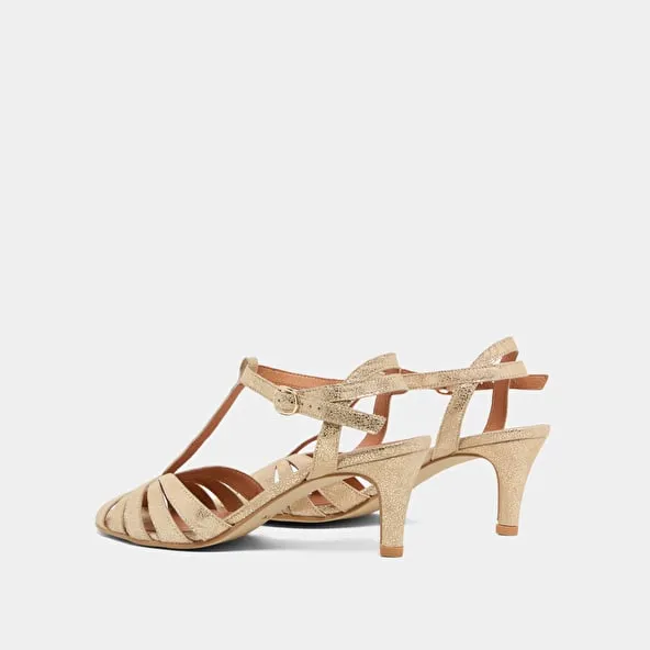 Strappy t-bar heels in platinum laminated suede