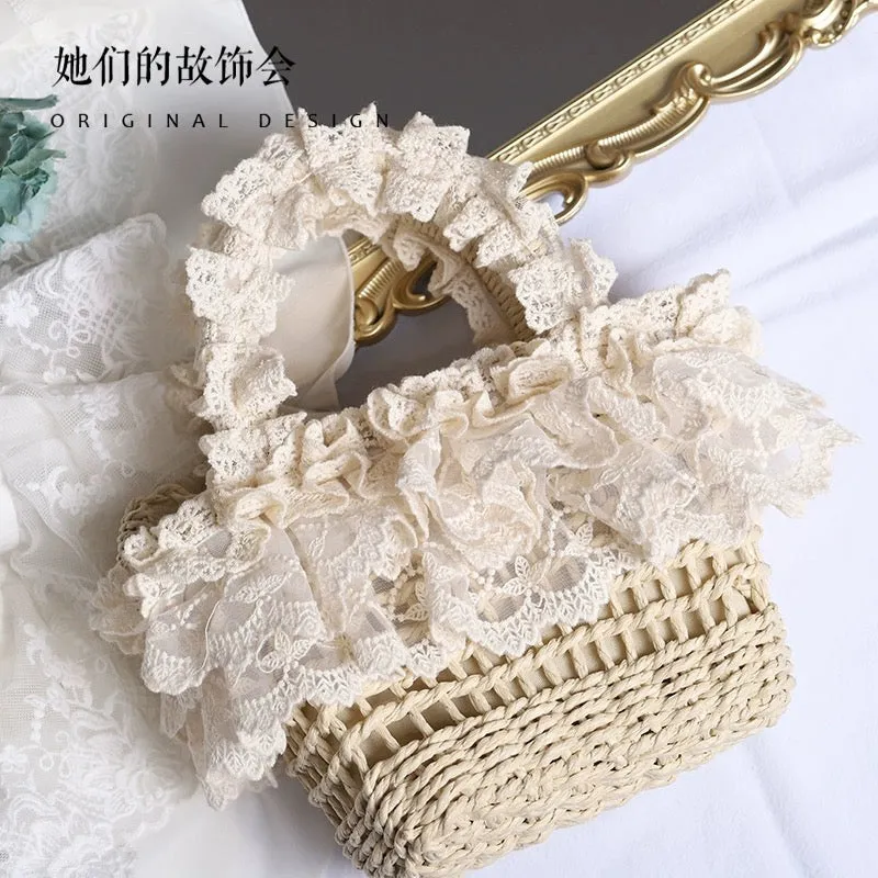 Straw handbag original handmade Lolita French pastoral style lace edge soft girl forest style beach woven bag for women