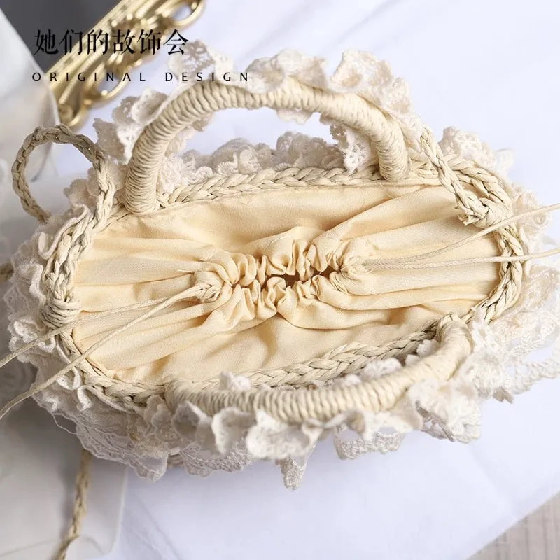 Straw handbag original handmade Lolita French pastoral style lace edge soft girl forest style beach woven bag for women