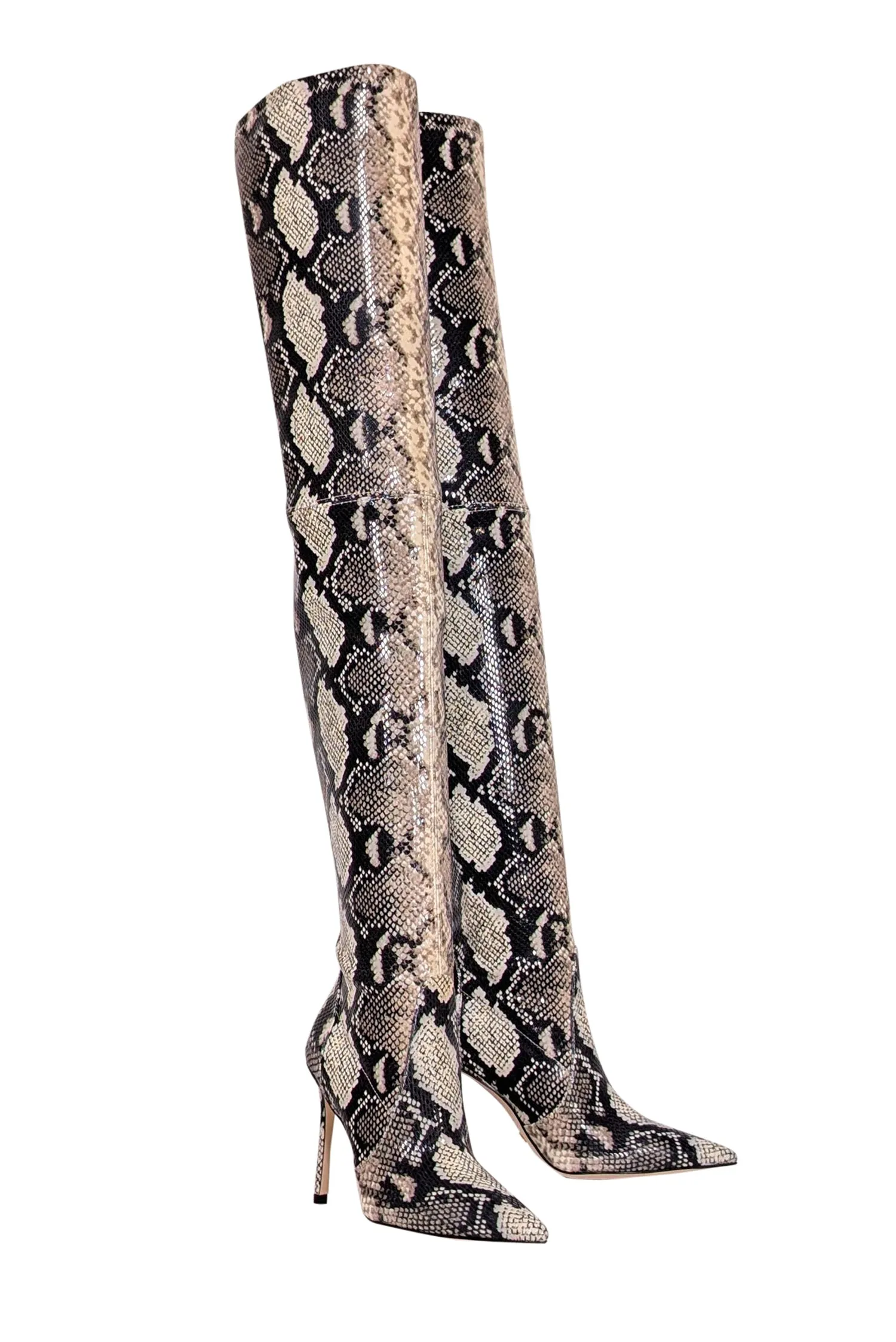 Stuart Weitzman - Beige & Black Snake Skin Print Heeled Tall Boots Sz 6.5