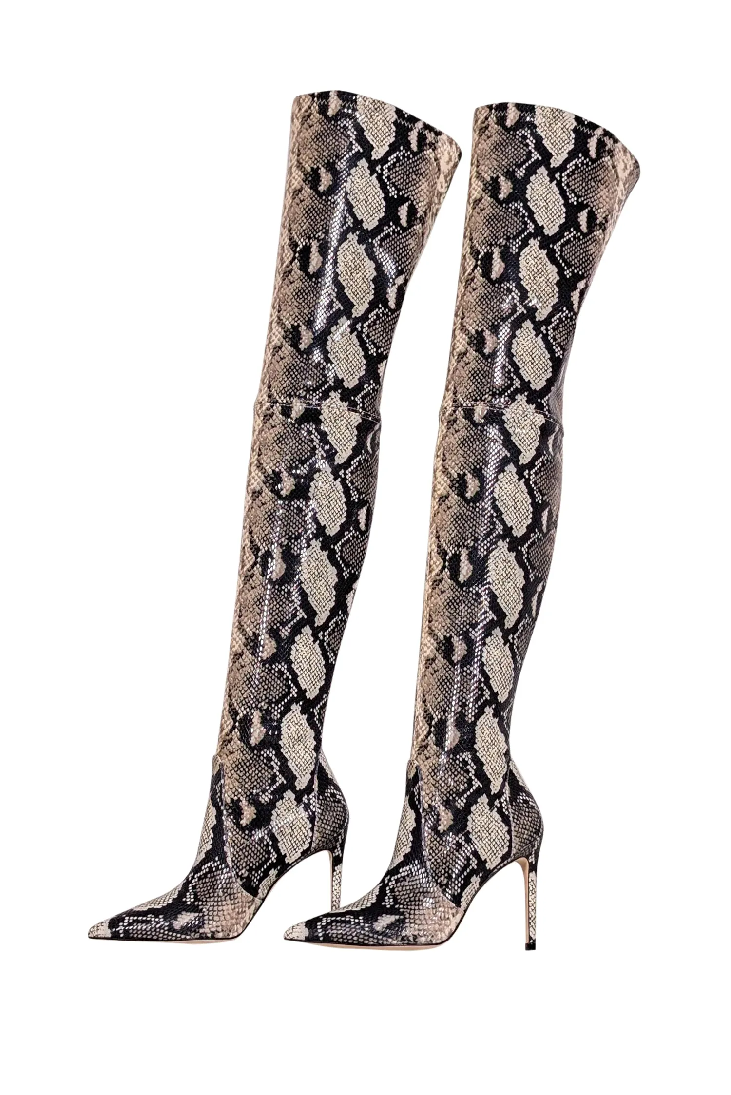 Stuart Weitzman - Beige & Black Snake Skin Print Heeled Tall Boots Sz 6.5