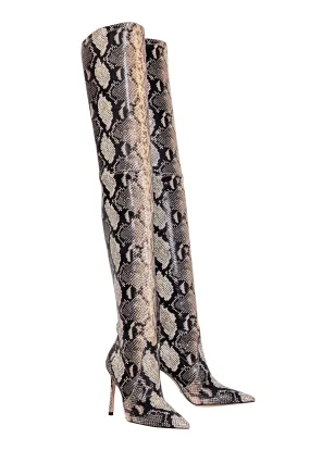 Stuart Weitzman - Beige & Black Snake Skin Print Heeled Tall Boots Sz 6.5