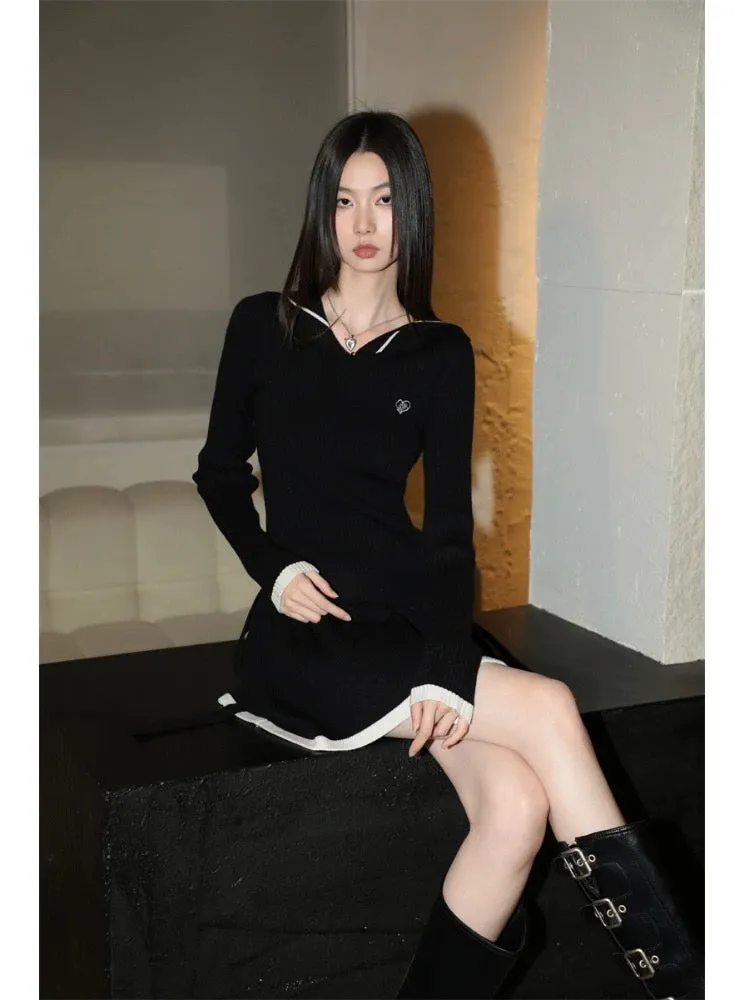 Sweet girl navy collar long-sleeved knitted dress women's autumn new niche design waist slimming short skirt