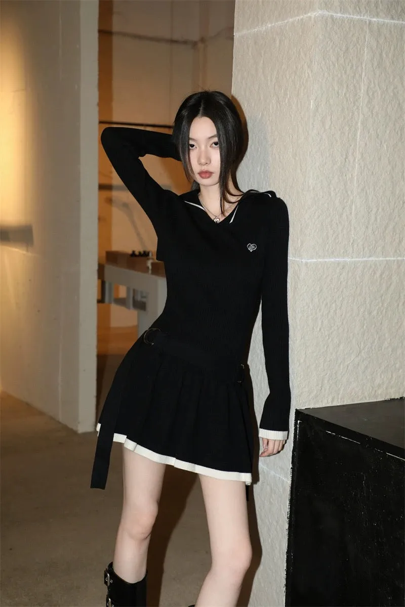 Sweet girl navy collar long-sleeved knitted dress women's autumn new niche design waist slimming short skirt