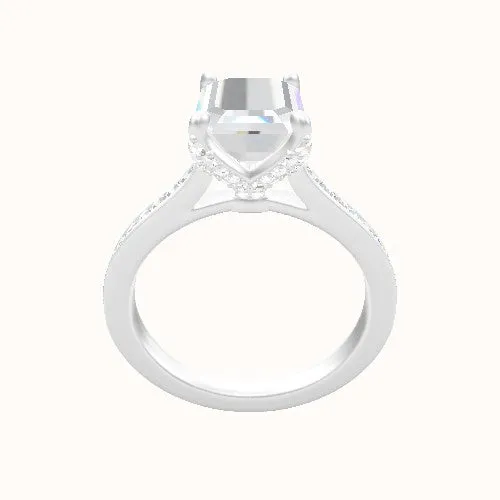 Tapered Channel Set Engagement Ring With Pave Petal Four Prong Head