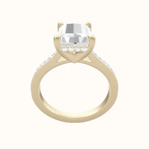 Tapered Channel Set Engagement Ring With V Prong with Hidden Halo Head