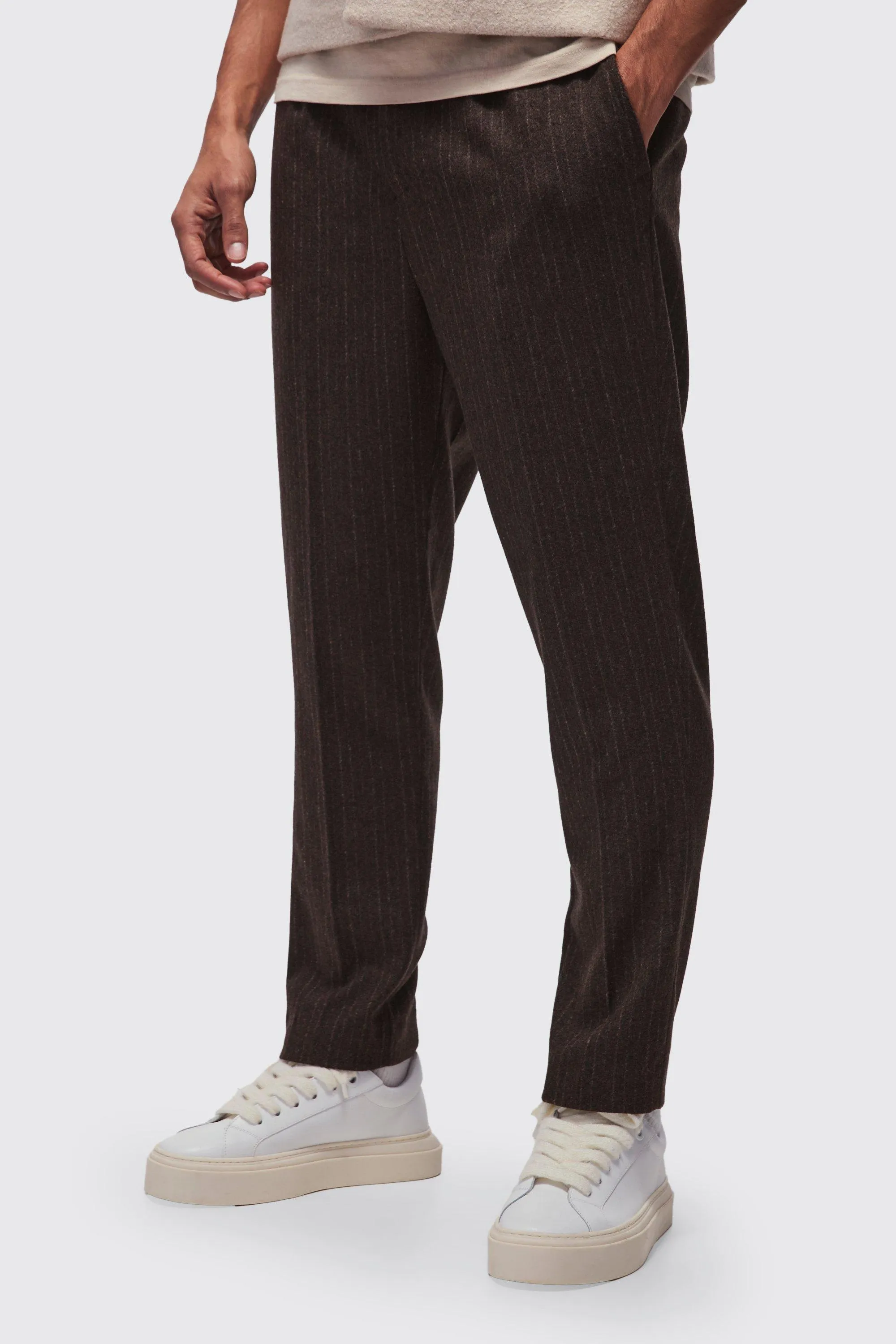 Tapered Fit Pinstripe Wool-Look Tailored Trousers