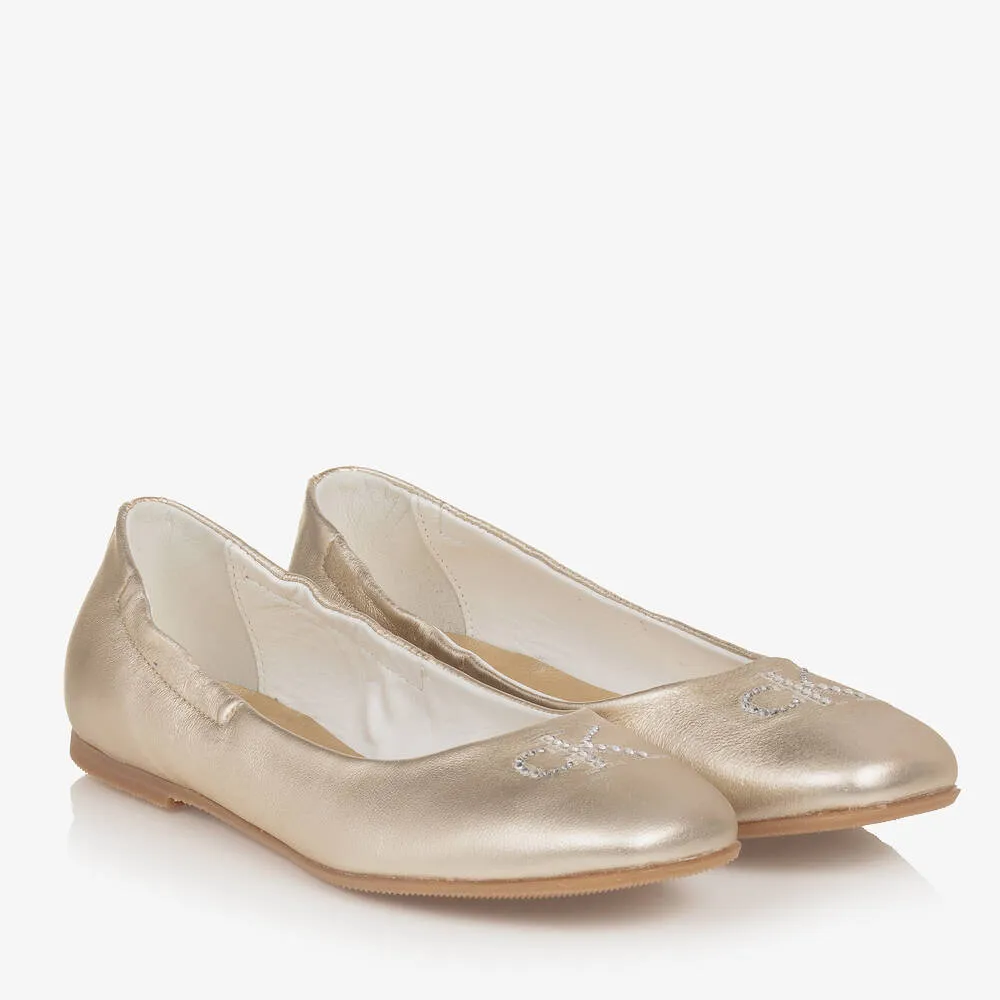 Teen Girls Gold Leather Ballerina Pumps