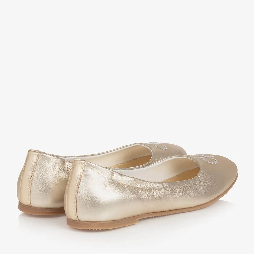 Teen Girls Gold Leather Ballerina Pumps