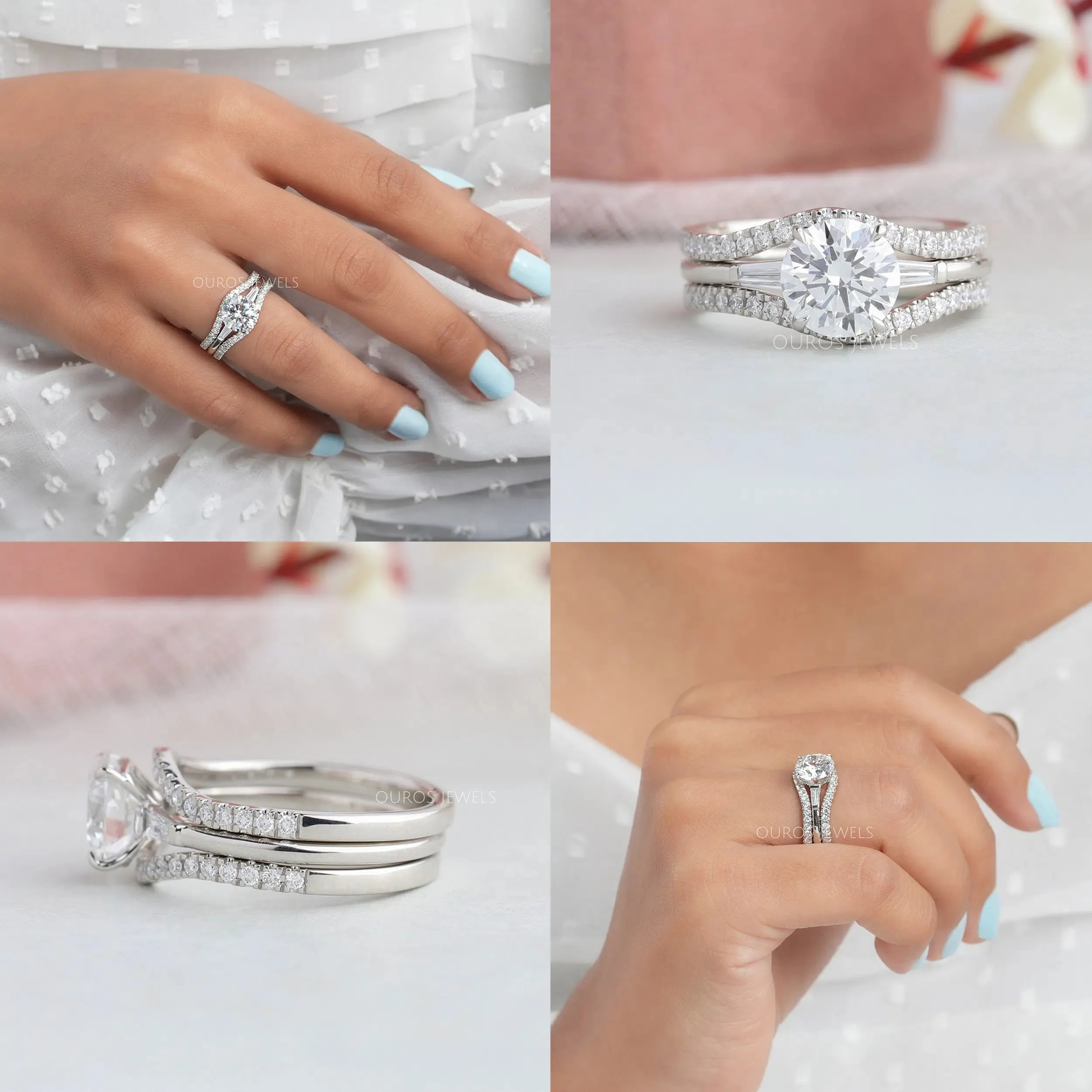 Three Stone Round Cut Wave Curved Bridal Ring Set