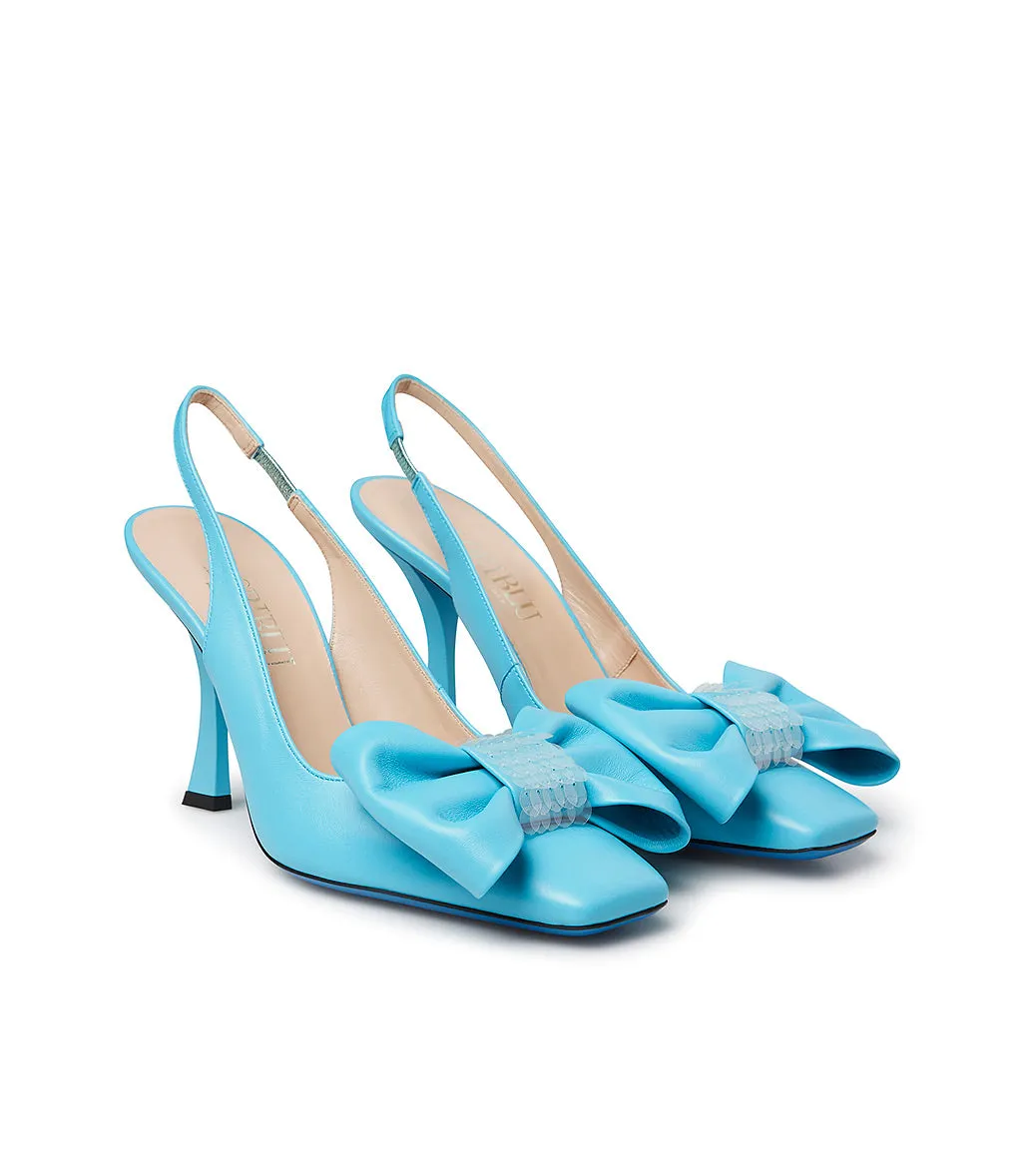 Trendy Tiffany blue leather pumps with bow and sequins