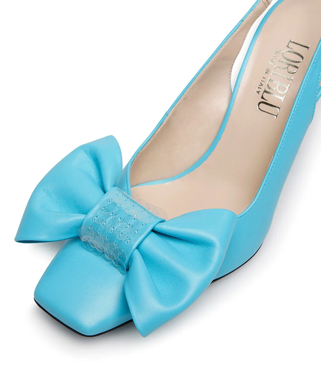 Trendy Tiffany blue leather pumps with bow and sequins