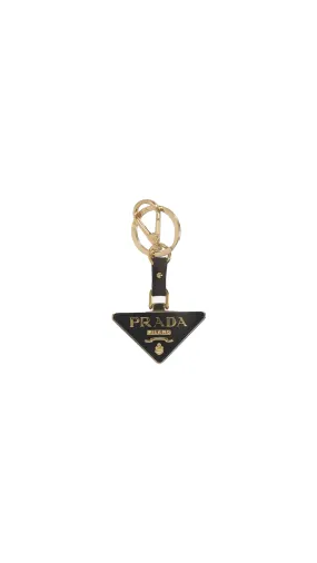 Black Triangle Saffiano Leather Key Holder with Detailed Logo