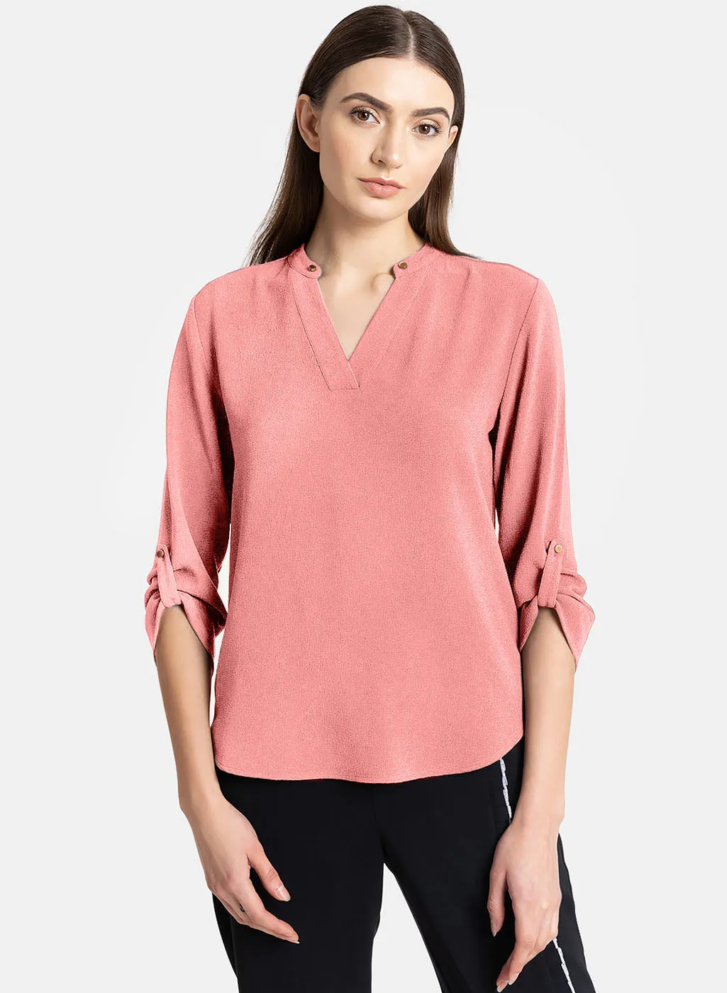 Turn-Up Sleeve V-Neck Top