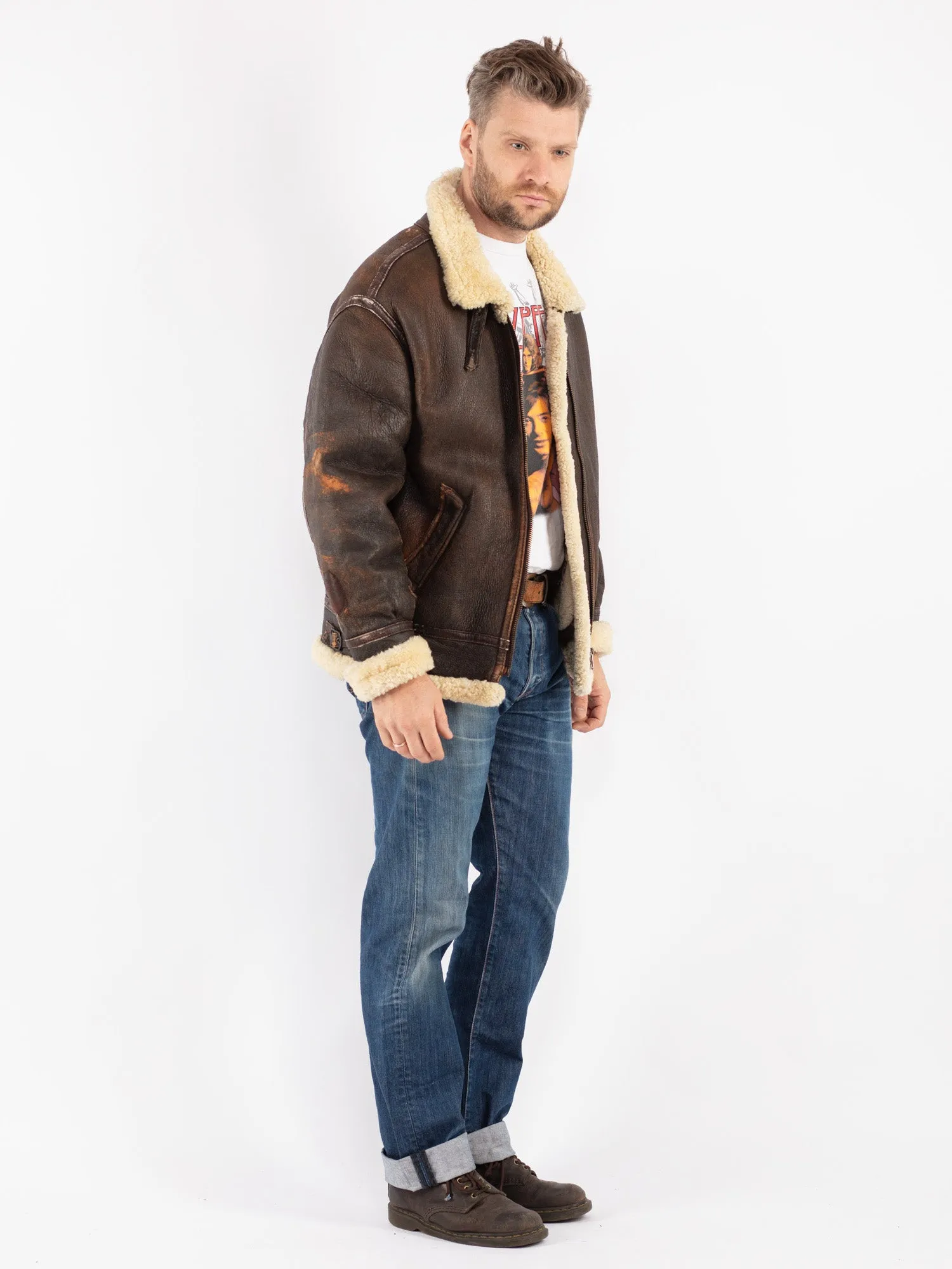 Vintage 90's Men B-3 Style Sheepskin Jacket in Brown