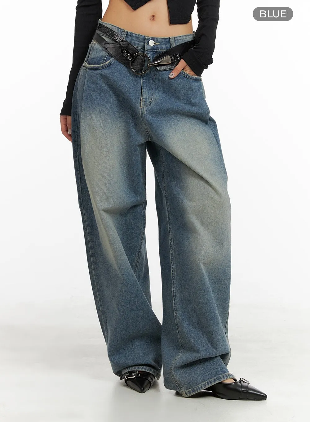 Wide Leg Distressed Baggy Jeans for Men - Vintage Washed Out Style