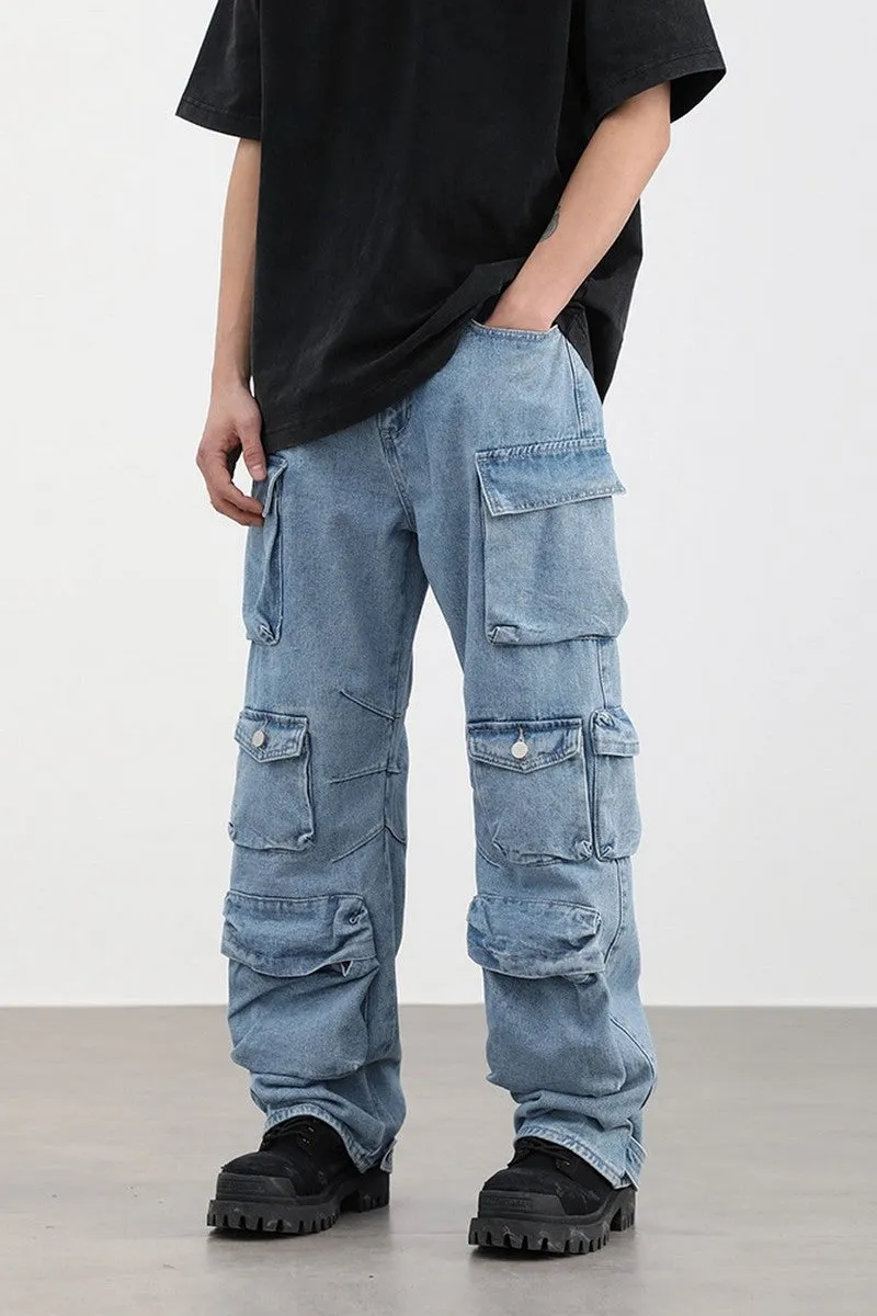 Washed Straight Multi-Pocket Jeans