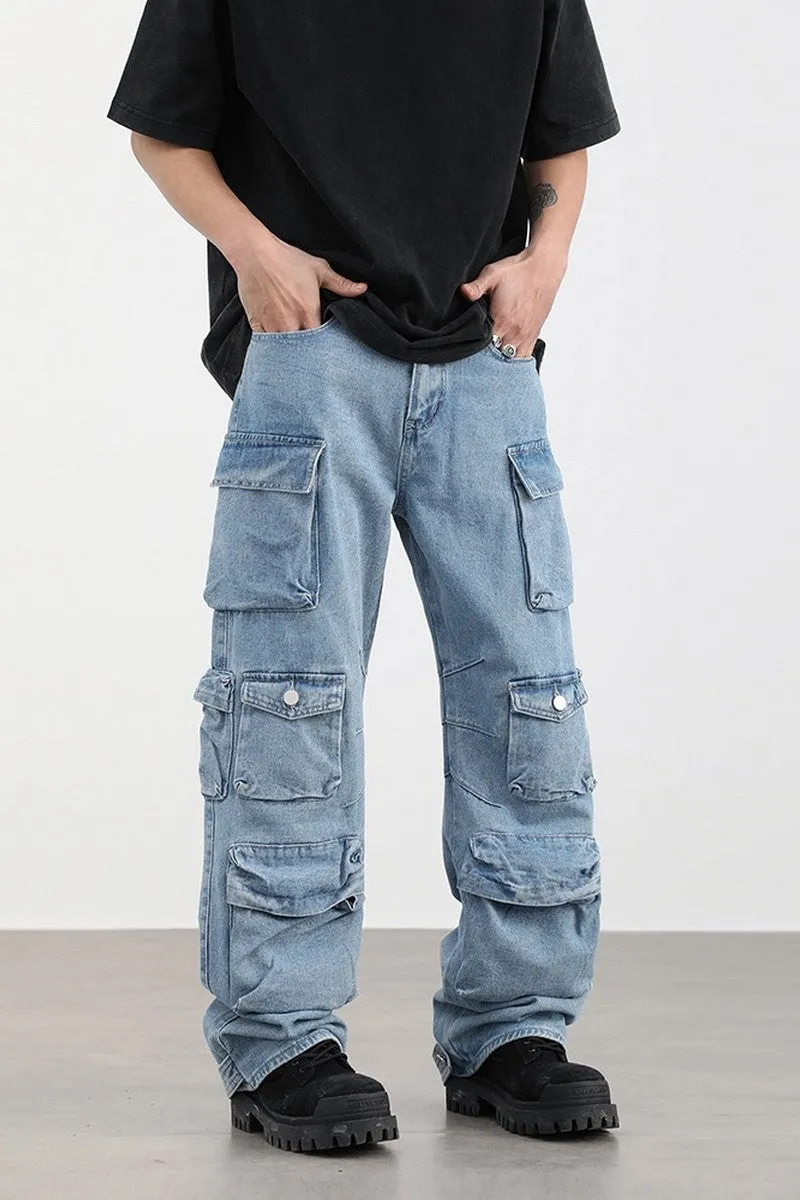 Washed Straight Multi-Pocket Jeans