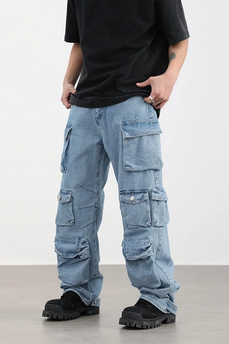 Washed Straight Multi-Pocket Jeans