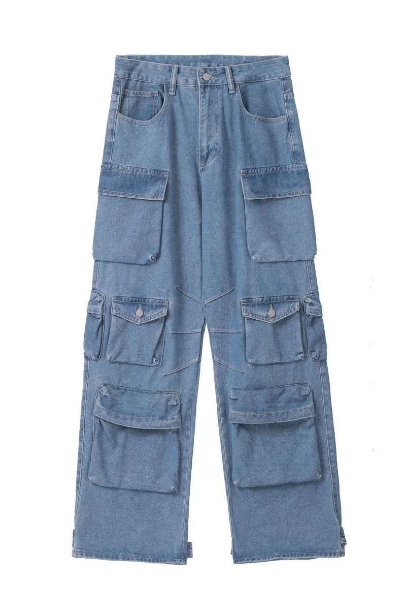 Washed Straight Multi-Pocket Jeans