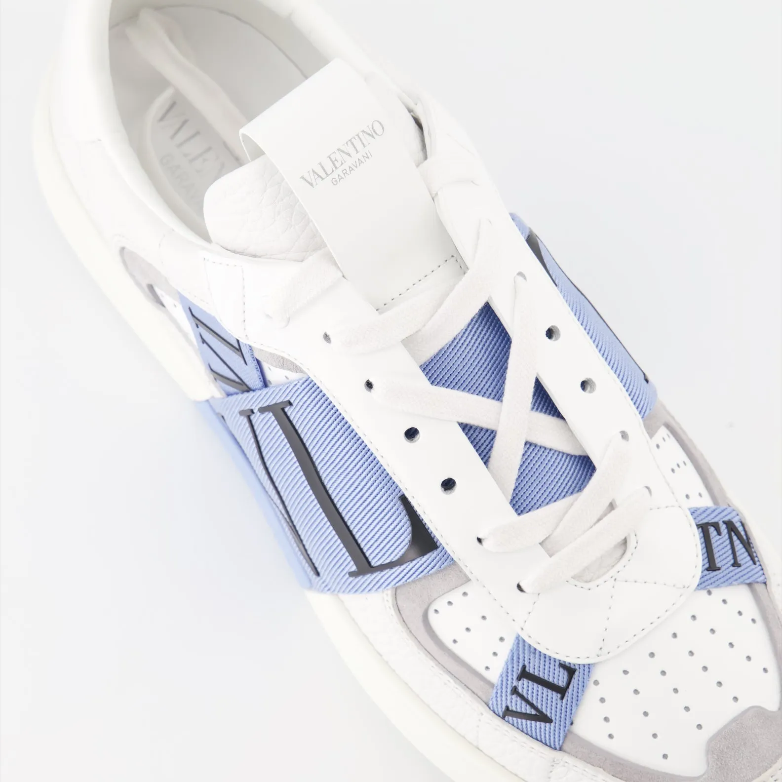 White Leather Sneakers with Blue Straps