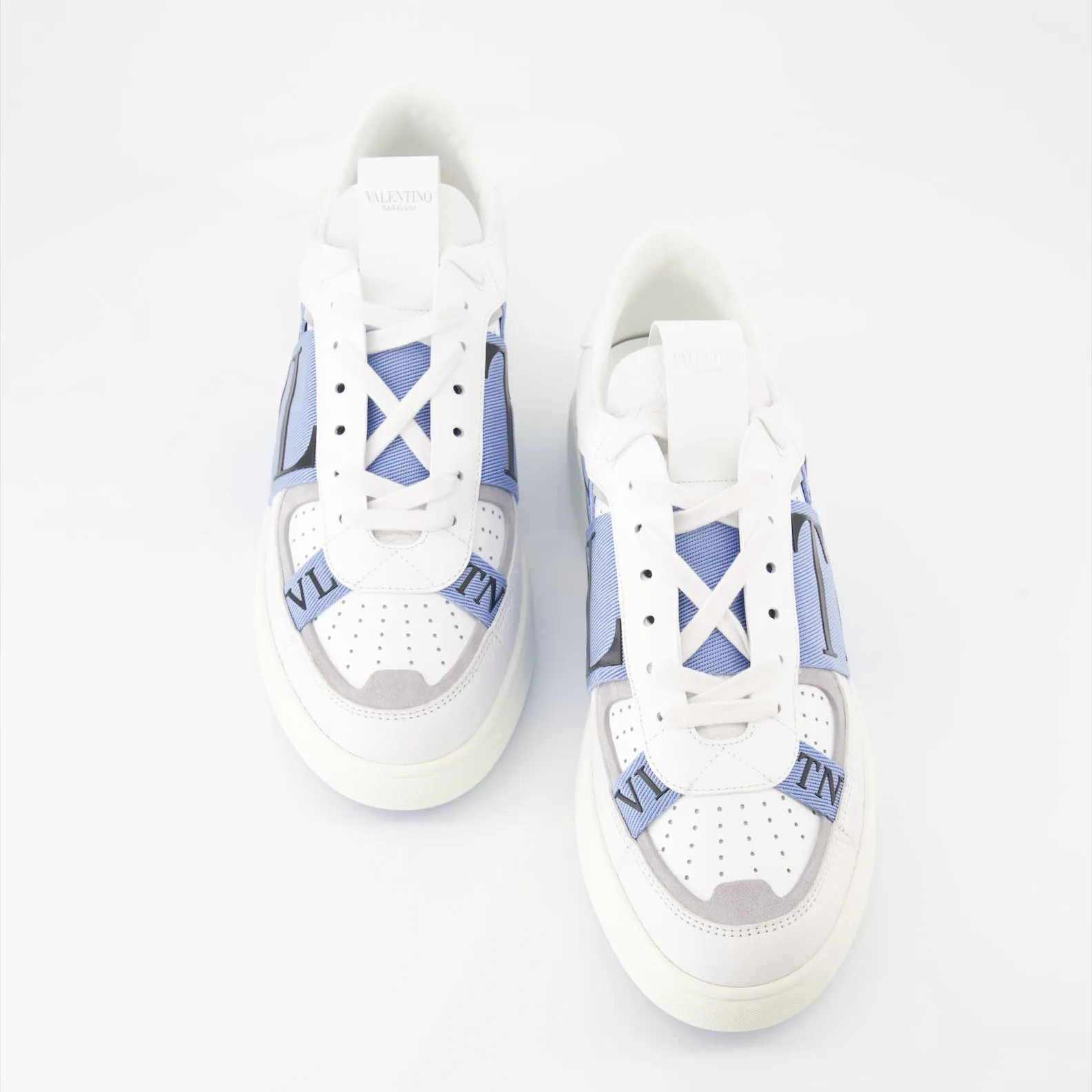 White Leather Sneakers with Blue Straps