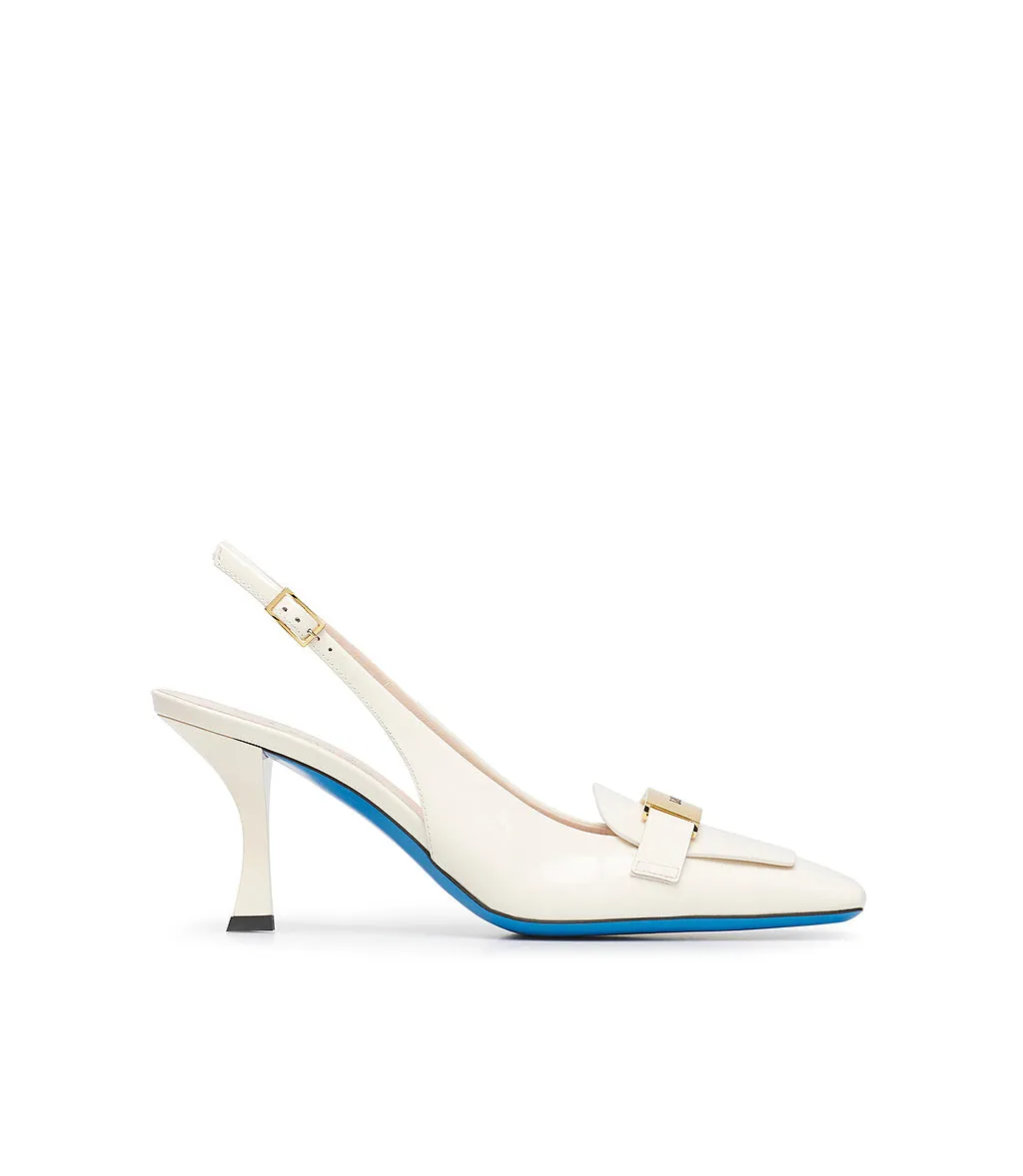 White Nappa Leather Slingback Pumps with Logo Plaque