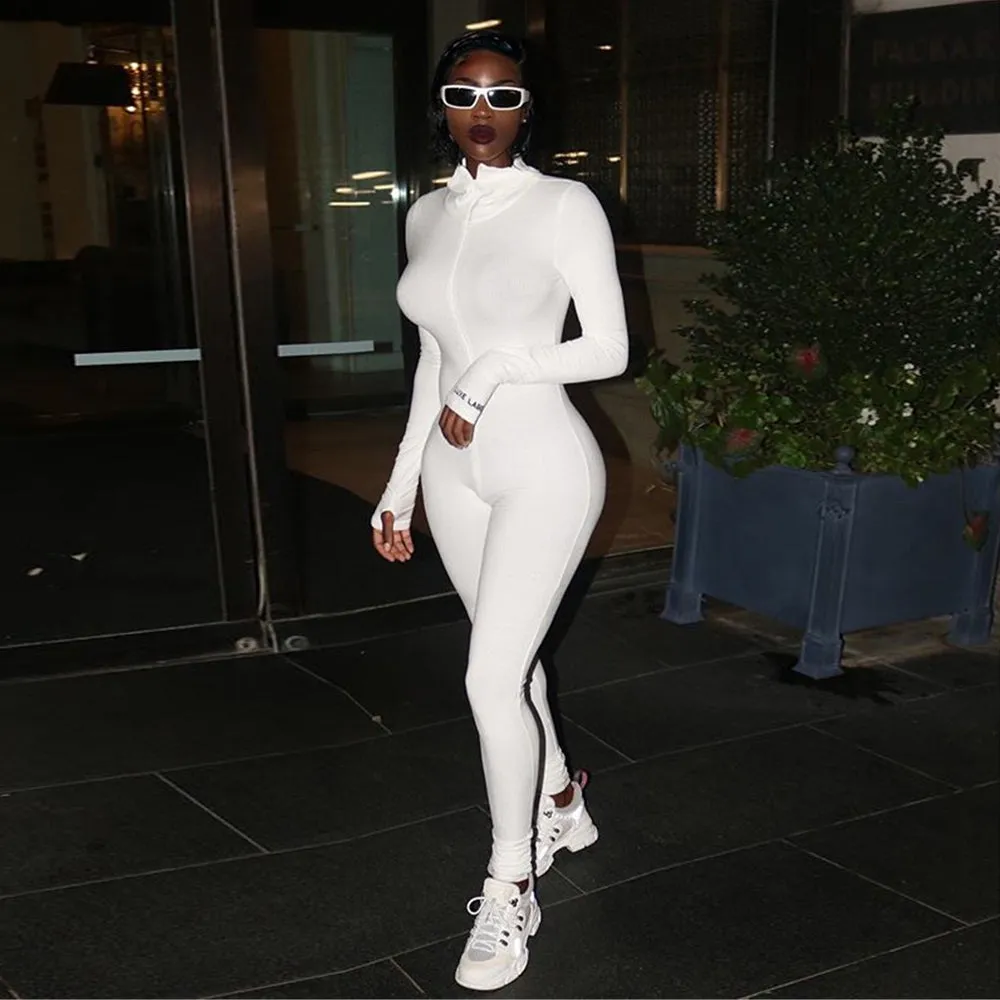 White Ribbed Knit Long Sleeve Bodycon Jumpsuit for Women