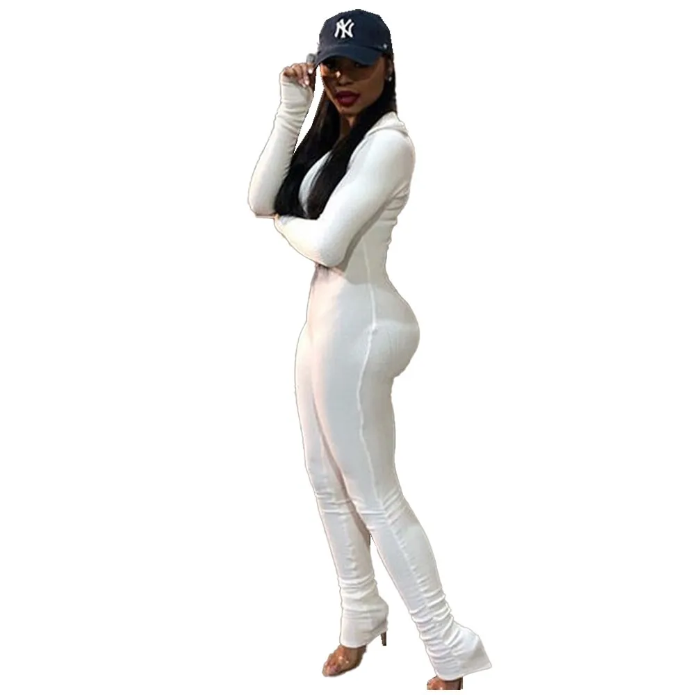 White Ribbed Knit Long Sleeve Bodycon Jumpsuit for Women