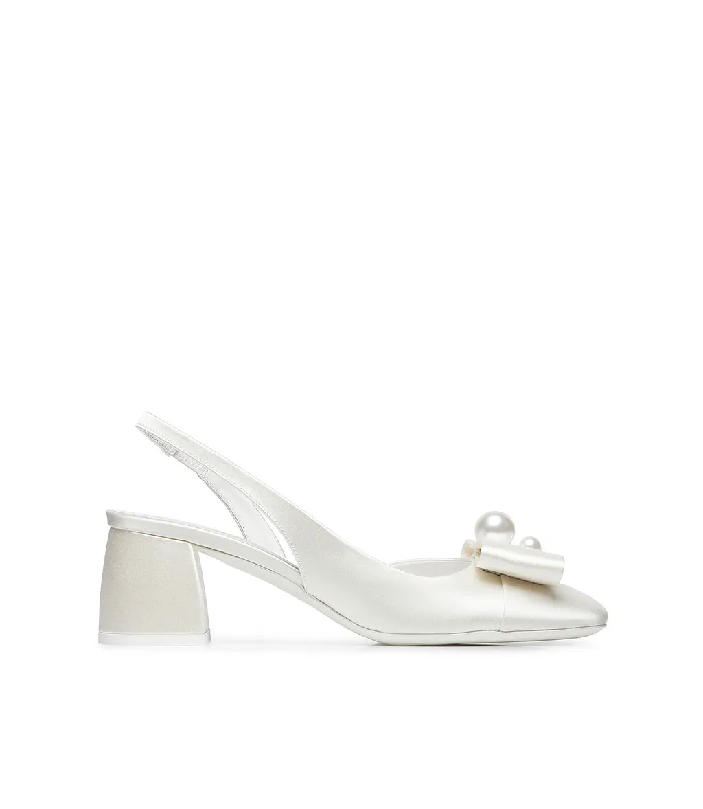 White Satin Slingback Pumps with Pearls