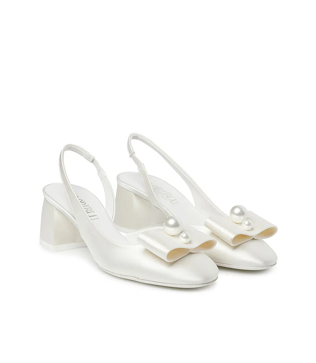 White Satin Slingback Pumps with Pearls