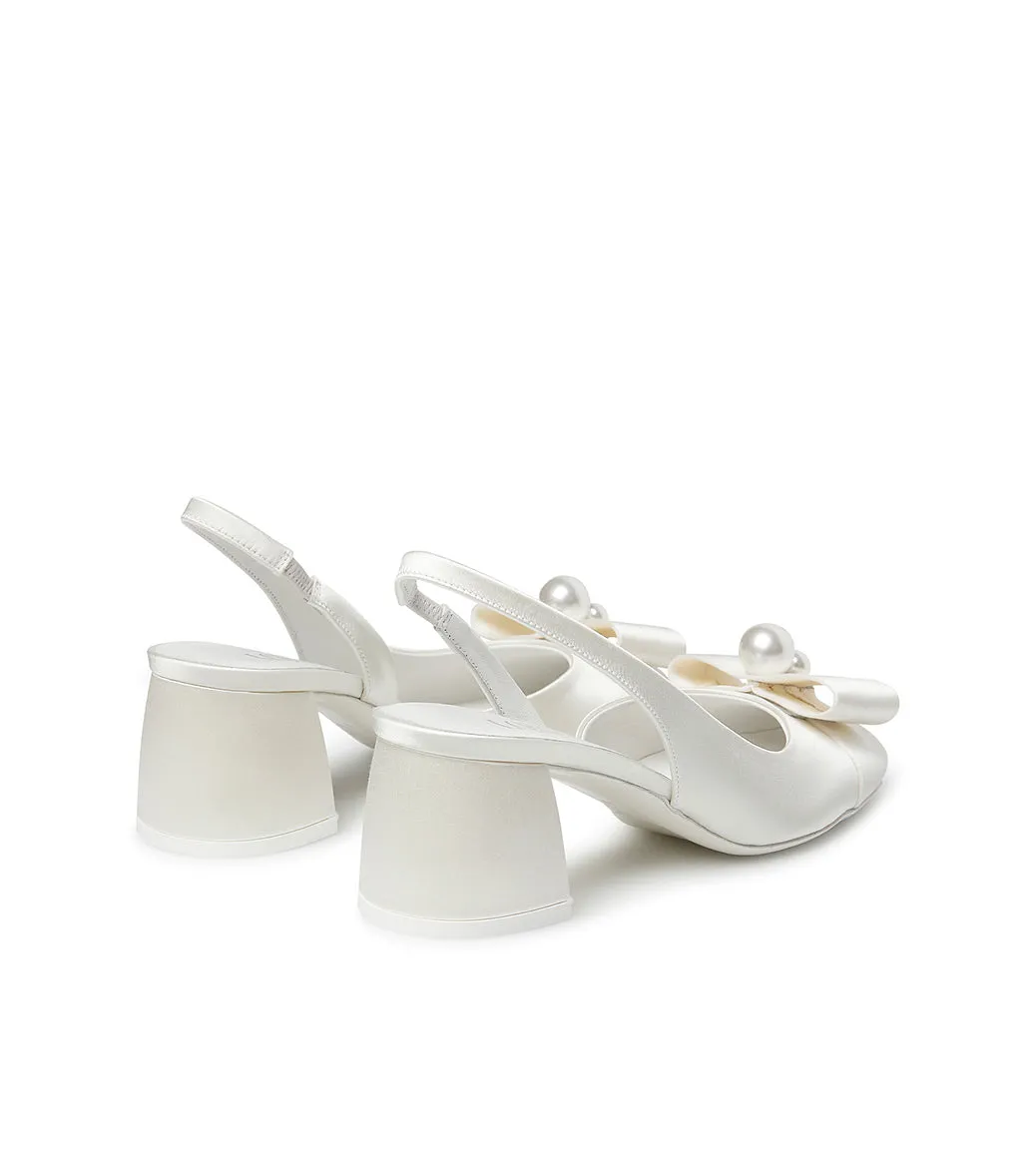 White Satin Slingback Pumps with Pearls