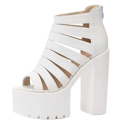 White Chunky Sole Gladiator High Heels Platform Sandals