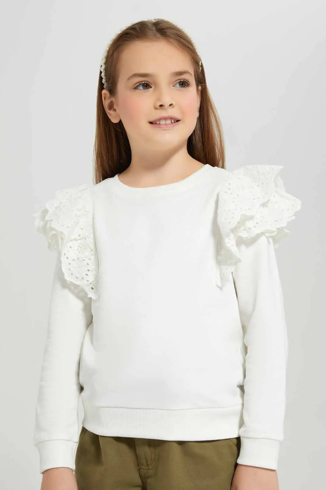 White With Frill Sleeve Sweatshirt For Girls