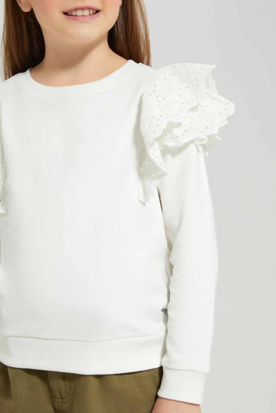 White With Frill Sleeve Sweatshirt For Girls