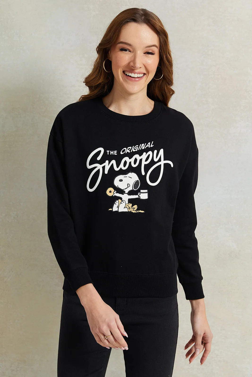 Women Black Snoopy Printed Sweatshirt