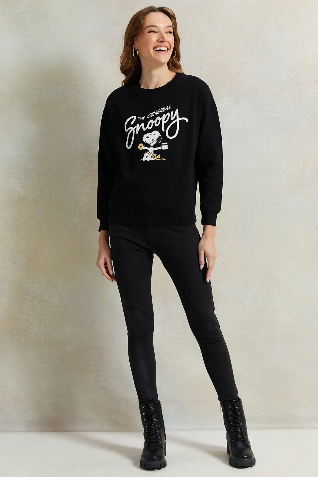 Women Black Snoopy Printed Sweatshirt