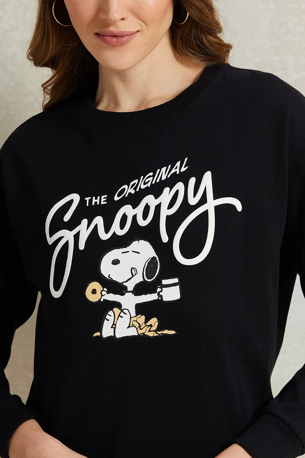 Women Black Snoopy Printed Sweatshirt