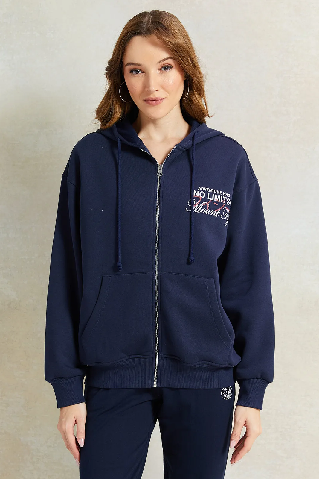 Women Navy Printed Hooded Sweatshirt