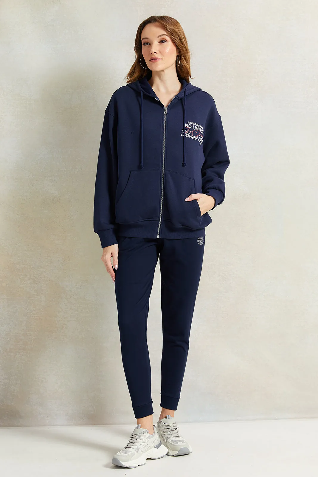 Women Navy Printed Hooded Sweatshirt