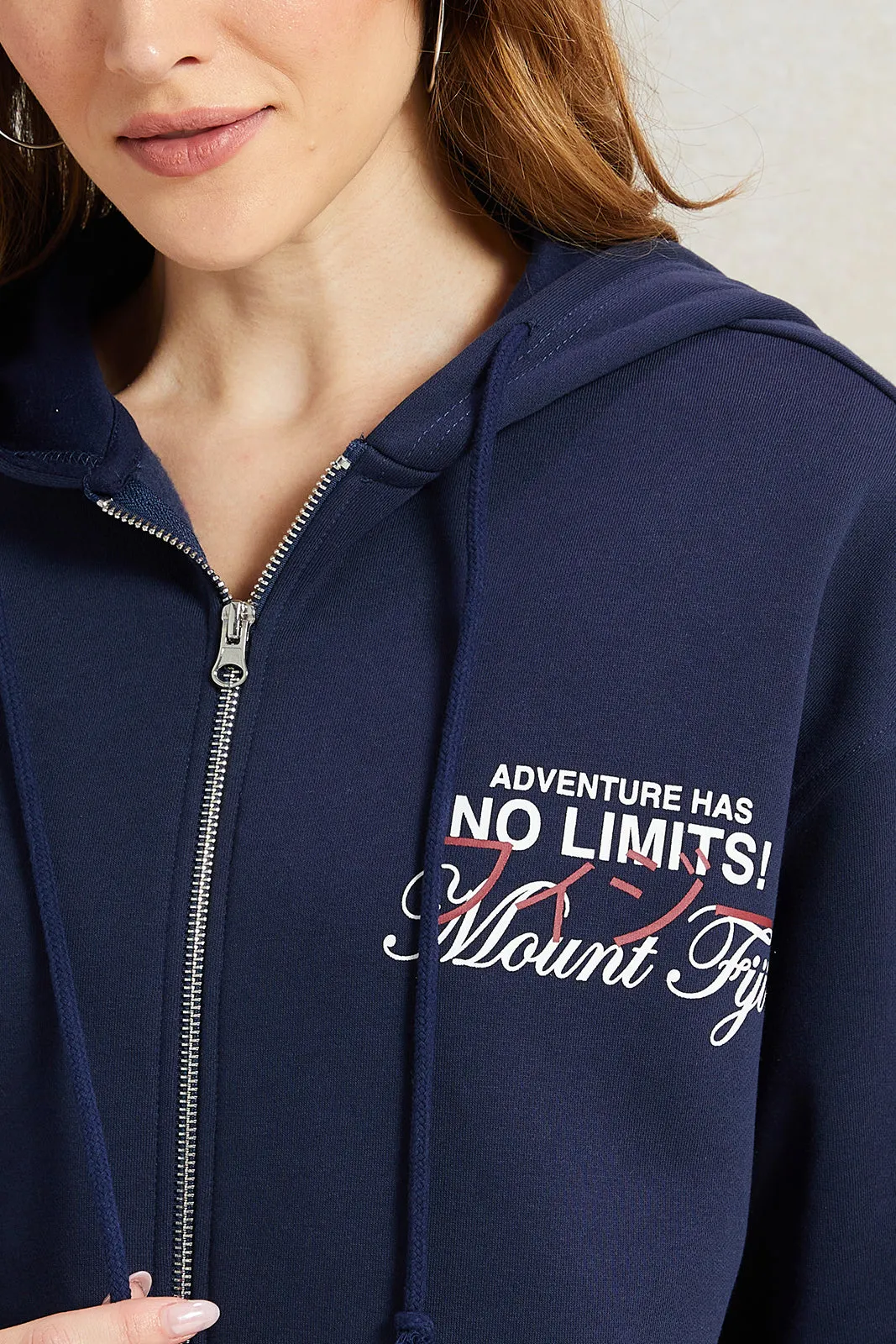 Women Navy Printed Hooded Sweatshirt