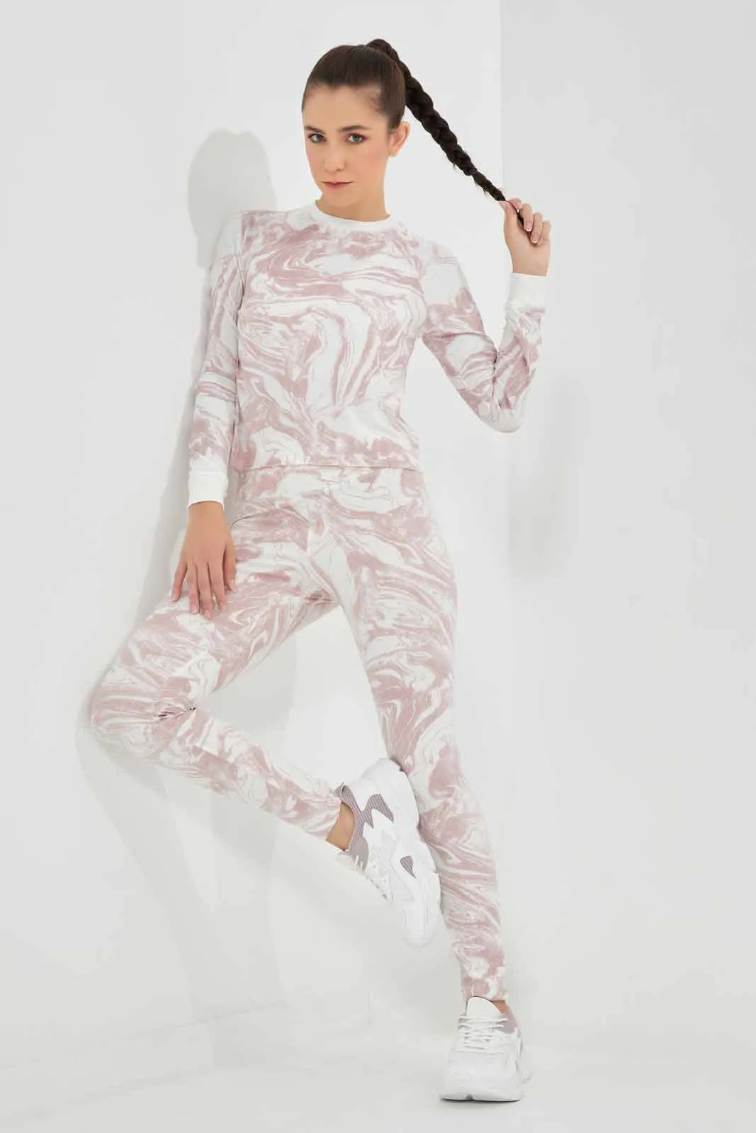 Women Pink And White All-Over Print Active Sweatshirt